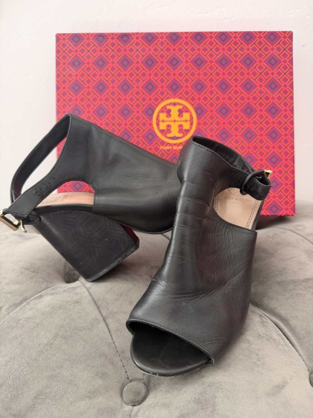 Tory Burch Black Leather Open-Toe Cutout Slingback Heels Grove 100MM